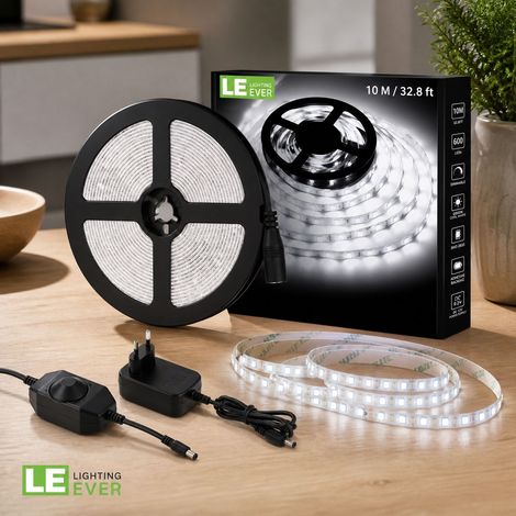 FLITI 10M LED Strip with 600 SMD 2835 LEDs, Cool White 6000K, with Dimmer and Transformer for Indoor Use (1/5)
