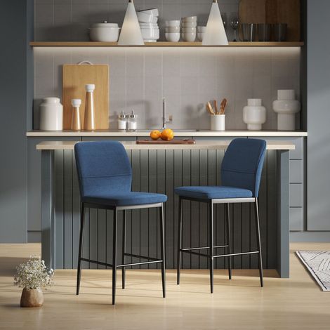 Set aus 2 Barhockern mit Samtbezug und Stahlbeinen für Küche, Esszimmer oder Bar, 41 x 52 x 97 cm, Blau