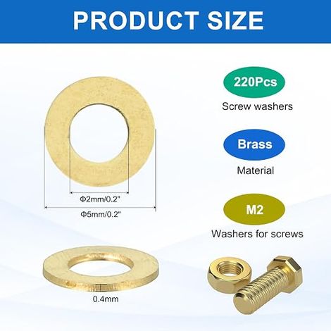 Brass Flat Washers Kit M2 Copper Washers Assortment 2mm DI 5mm DE 0.4mm Thickness for Bolts Screws Repair Construction (1/4)