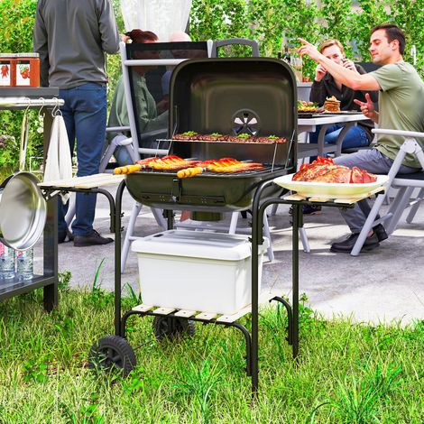 Barbecue charbon bois chariot cuisson, surface cuisson 1840 cm², couvercle, étagères, roues, noir