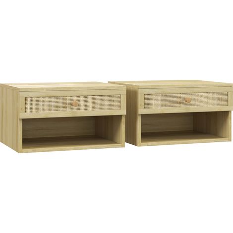 Set 2 Comodini Boho Cassetto Ripiani Aperti Truciolato Rattan 40x34x23 cm