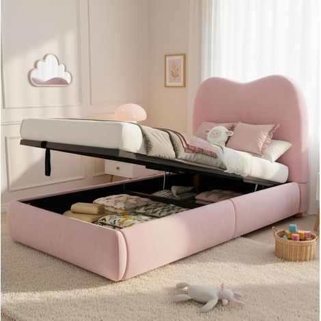 Cama infantil tapizada, cama individual con somier, cabecero acolchado, arcón bajo la cama, terciopelo rosa (1/5)