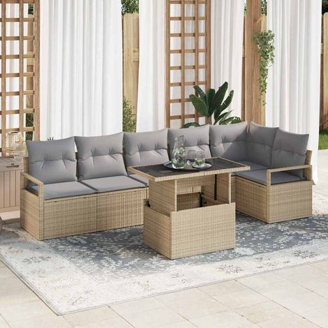 Garten-Sofa-Set mit Kissen 7 pcs Beige Poly Rattan vidaXL (1/5)