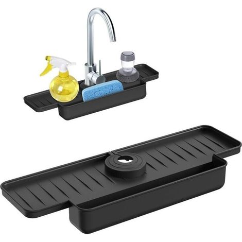 Tapis anti-éclaboussures pour robinet de cuisine en silicone noir – 40 cm, support de vidange intégré, compatible tous évier (1/5)