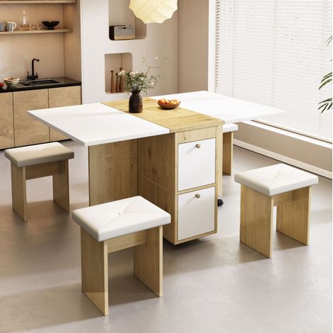 Esstisch-Set klappbar und ausziehbar 120 x 80 x 75 cm, mit 4 Stühlen, Weiß und Eiche HAVRYA (1/5)