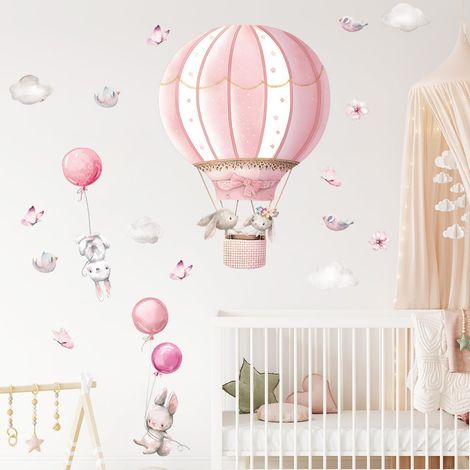 Sticker Muraux Lapins et Ballons Montgolfières Roses Autocollants Faciles à Coller Rêve Animal pour Chambres d'Enfants, Crèches et Salles de Classe (1/5)