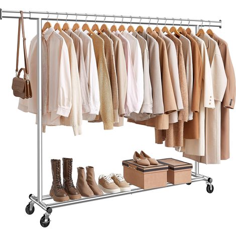 Portant à Vêtements avec Roulettes, Tringle Extensible pour Charge Lourde, Porte-manteau, Capacité de Charge 150 kg, 45 x (160-200) x 161,5 cm, Montage Facile, Argent HSR175E01 (1/5)