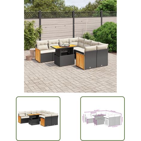 The Living Store Salon de jardin 9 pcs avec coussins noir résine tressée - Ensemble Salon De Jardin - Mobilier De Jardin - Table De Jardin Extensible - Chaise Lounge - Fauteuil De Jardin