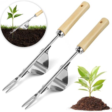 2 Pièces Outil Desherbeur Manuel en Acier Inoxydable, Arrache Racine Outil Gouge Désherbage, Outil de Désherbage Manuel avec Poignée Bois pour Creuser Le Jardin (1/5)