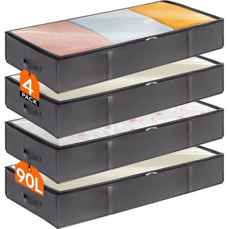 Bacs de Rangement sous le Lit, Sacs de Rangement pour Couvertures de Grande Capacité avec Poignée Renforcée, p, , Gris, 90 L, Lot de 4 (1/5)