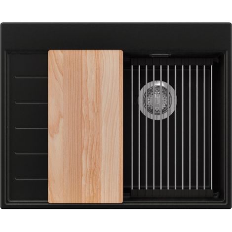 PRIMAGRAN Evier Cuisine en Granit 62x50cm,Lavabo 1 bac + Kit de Vidage + Accessoires, Évier à Encastrer au meuble 40cm - Sydney, Noir (1/5)