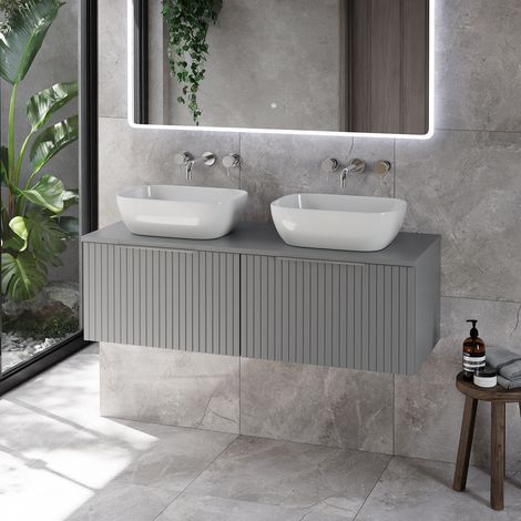 Helix 460 Fluted Pebble Grey 1200mm Wall Mounted 2 Drawer Vanity Unit for Countertop Basins