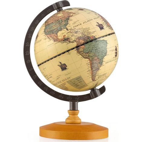 COSTWAY Globe Terrestre Rotatif 360°, Mini Globe Antique de 14CM avec Socle en Bois Carte Couleur Vintage, Jouet Éducative/Géographique pour Enfants, Décoration de Bureau pour Maison École (1/5)