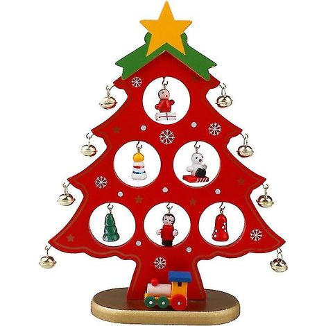 Sapin de Noël miniature en bois avec décorations suspendues (rouge) (1/4)