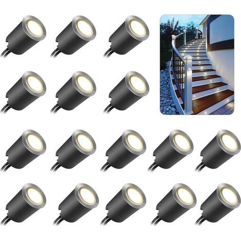 Lot de 16 spots encastrés LED pour extérieur, étanches IP67, Ø 32 mm, pour terrasse en bois, piscine, escalier de jardin, terrasse en bois (avec prise européenne) (16 neutres (1/4)