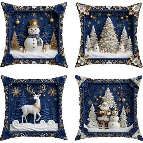 Lot de 4 housses de coussin décoratives de Noël élégantes à impressions 2D dorées pour lit canapé salon 45,7 x 45,7 cm (Bleu) (1/5)