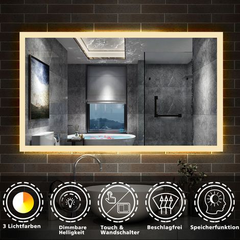 Badspiegel mit Beleuchtung Badezimmerspiegel Wandspiegel Wasserdicht Wandmontagespiegel Lichtspiegel 90 x 70 cm Beschlagfrei 3 Lichtfarben Dimmbar LED Memory Funktion (1/5)