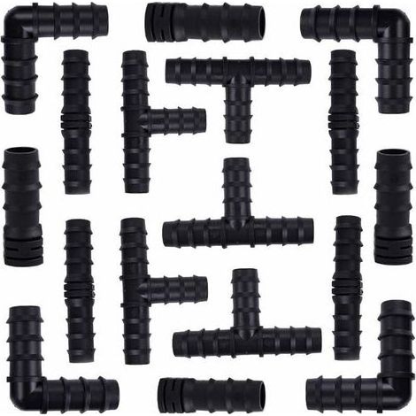 Kit per irrigazione automatica. 40 pezzi. 16 mm. Include 10 raccordi a T, 10 raccordi a gomito, 10 gomiti e 10 terminali a innesto rapido. Per tubi da giardino. (1/5)