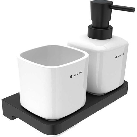 Nimco Maya - Seifenspender und Becher mit Halter, weiß/schwarz MAC 2905831K-T-90