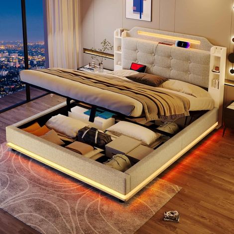 Letto Matrimoniale Imbottito LED 140x200 cm con Testiera, Alzacoperte Idraulico, Vanity con USB e Type C, Tessuto Beige (1/5)