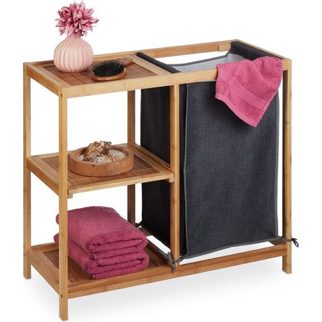 Meuble à linge, en bambou, étagère avec 3 niveaux, sac amovible, 65x68x33 cm, salle de bain, nature/gris (1/5)