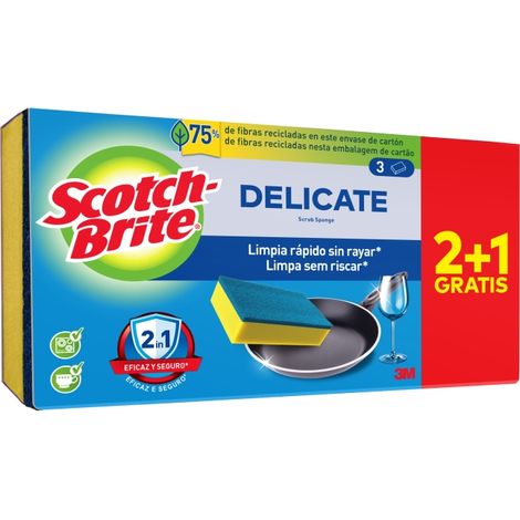 Scotch-brite delicate pack de 3 estropajos de cocina - promocion 2 + 1 gratis - no raya - color amarillo