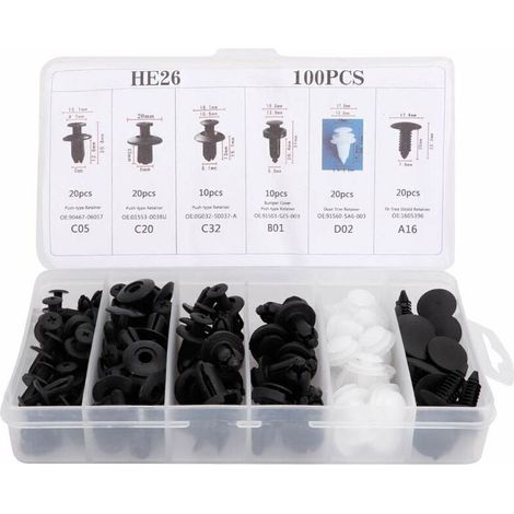 100 pièces Clip universel de garniture de porte, Kit de rivets poussoirs de voiture en plastique Clips de garniture de panneau de carte de porte Attache de fixation de pare-chocs, (1/4)