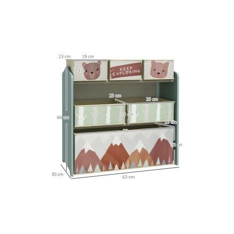 Armoire enfant avec 6 bacs en tissu, motif mignon, 63x30x66 cm, vert (1/5)