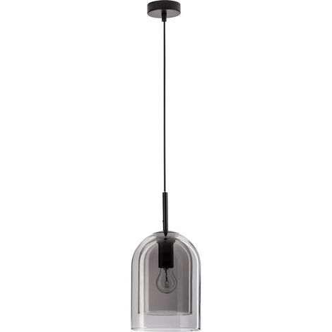 Merano Jurupa 18cm Dôme Suspension Plafonnier Verre Fumé Cordon Noir Base Métal Noir LED E27