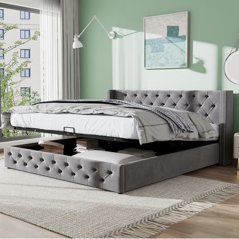 Letto imbottito Chesterfield 140x200 cm in velluto grigio con testiera alta e contenitore idraulico, rete a doghe inclusa (1/5)