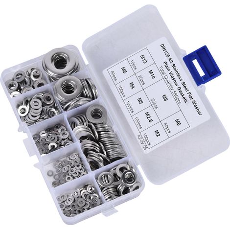Assortiment de 580 rondelles plates en acier inoxydable M2, M2.5, M3, M4, M5, M6, M8, M10 et M12 (1/5)