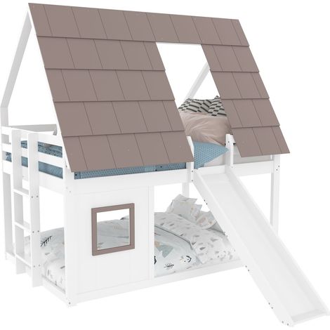 CAIziLit mezzanine maison 140x200 cm en bois avec toit et échelle, sans matelas (1/5)