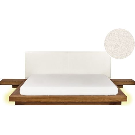 Lit Moderne Futon Double 180 x 200 cm avec Tables d'Appoint Tête de Lit à LED Bouclé MDF Bois de Frêne Naturel Zen