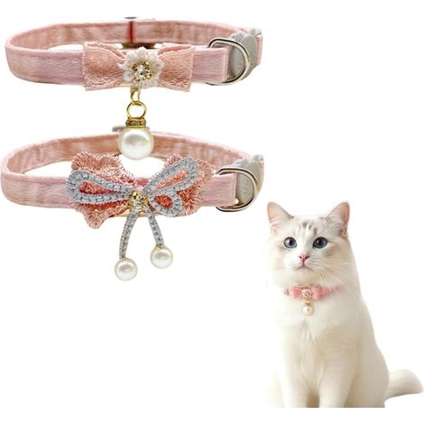 Collier Chat Rose,2 Pièces avec Pendentif en Perle,nœud Papillon Rose,Collier réglable avec Sangle de sécurité,Strass pour Petits Chiens et Chats(18X32cm) (1/5)