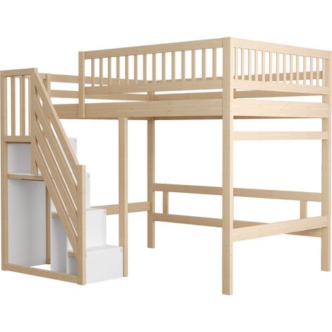 Letto a soppalco 140x200 con scala contenitore e parapetto alto in legno naturale MODENUIT (1/5)