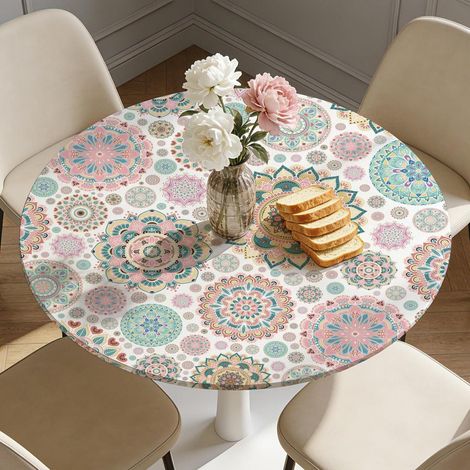 Tischdecke rund mit Gummizug 106cm abwaschbar Mandala Muster für Garten & Outdoor