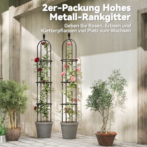 Lot de 2 obélisques de jardin en acier de 174 cm, tuteurs démontables pour plantes grimpantes, rosiers et vignes.