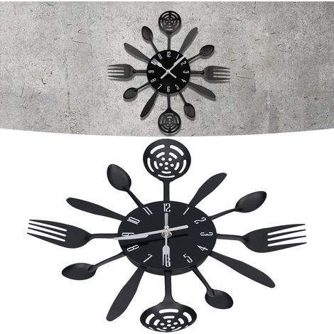 Reloj de pared moderno para cocina, fabricado en plástico ABS negro con motivos de cuchara y tenedor para la decoración del hogar. (1/5)