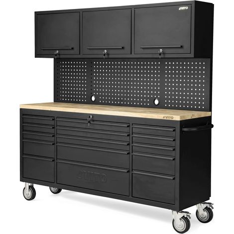 Vito – Établi d'atelier mobile 182 cm – 15 tiroirs à fermeture amortie – Armoire 3 portes – Charge max 500 kg – Acier laqué et bois massif (1/5)