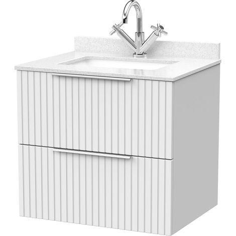 Callingwood Contemporary Wall Hung 2 Drawer Vanity Unit with Marble Worktop with Basin , 600mm, Matt White