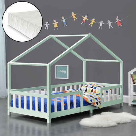 Letto per Cameretta Treviolo a Forma di Casetta in Stile Montessori con Materasso 90x200 cm - Menta Verde/Bianco [en.casa] (1/5)