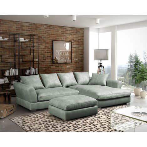 Ecksofa Sofa TIZIAN inkl. Hocker in Stoff Preston Graugrün Ottomane Rechts (1/2)