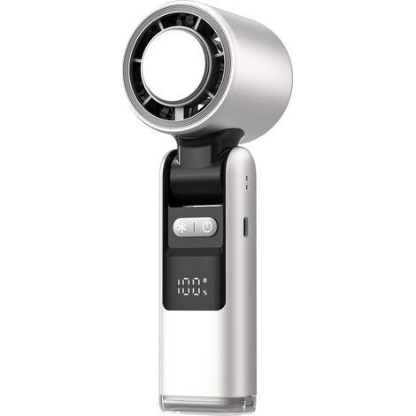 Ventilateur portable sans contact blanc avec système de refroidissement par glace, écran numérique LED, turbine haute vitesse, 100 niveaux de réglage de la puissance, design pliable et ultra-compact