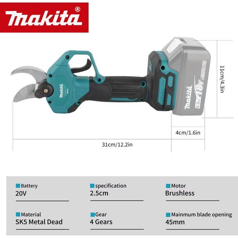 Makita Sécateur électrique à batterie lithium 20V, moteur brushless, lame ouverture 45mm pour travaux de taille