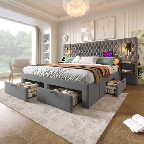 MEUBLIV Lit 160x200 cm gris – 4 tiroirs, liseuses USB et chevets, sans matelas (1/5)