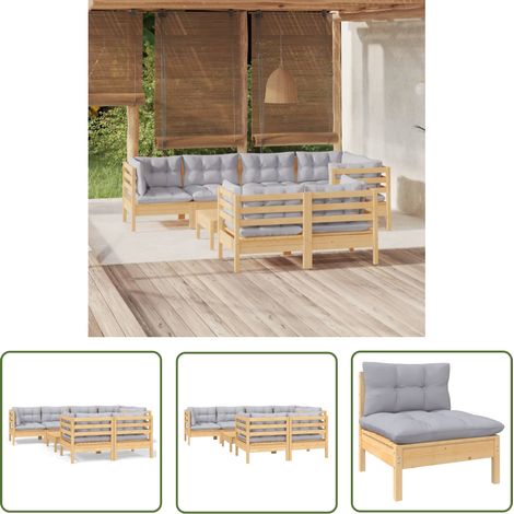 INLIFE Salon de jardin 8 pcs avec coussins gris Bois de pin massif (1/5)