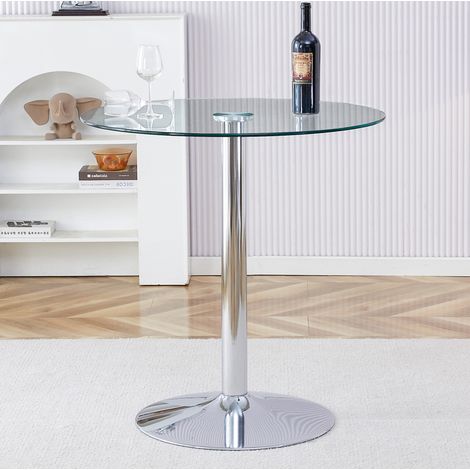 Table de bar ronde 89x89x92 cm, plateau transparent, base stable, verre et métal argenté (1/5)
