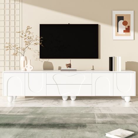 Meuble TV blanc mat 180 x 40 x 42 cm, portes courbes, tiroirs, rangements et pieds ronds en bois massif (1/5)