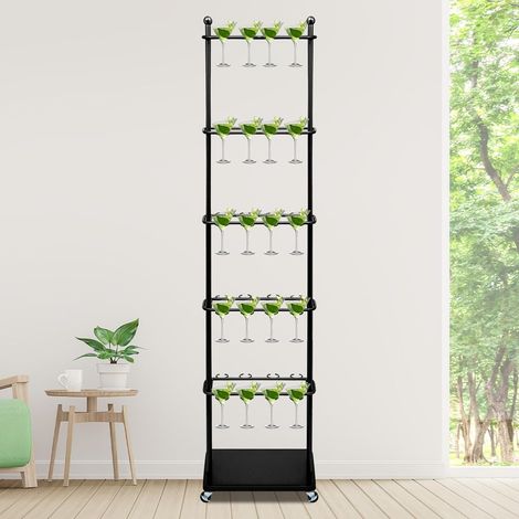 5 Tier Black Champagne Holder, Wine Glass Stemware Rack With 4 Wheels, Champagne Flute Wall Stand for Party, Number of Holder Rings 40 (1/5)