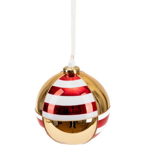 Pallina in vetro colore rosso e bianco a fasce per albero di Natale -Ø 8 cm